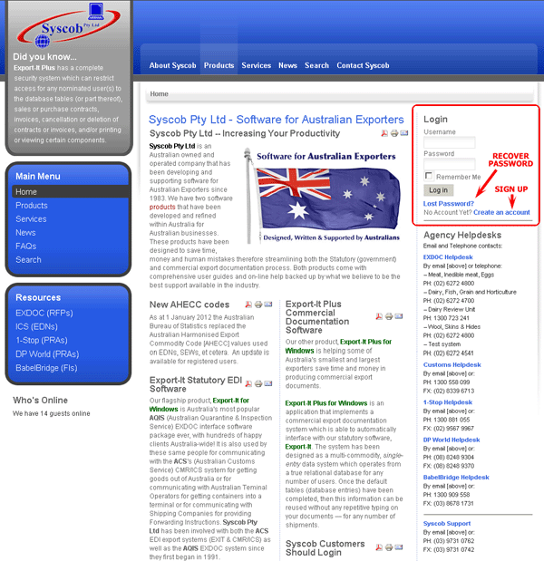 Syscob web site home page