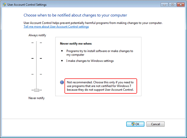 User Access Control settings