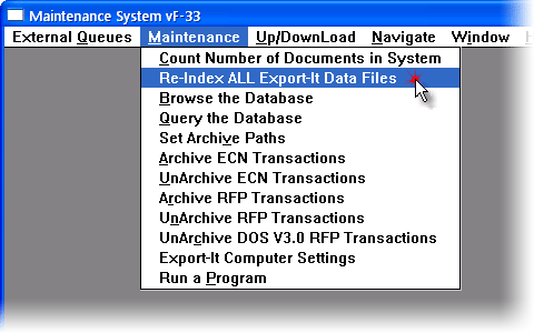 Select Re-Index ALL Export-It Data Files from menu